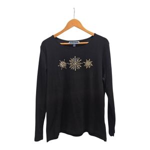 Karen Scott Black Long Sleeve with Gold And Silver Snowflake Design